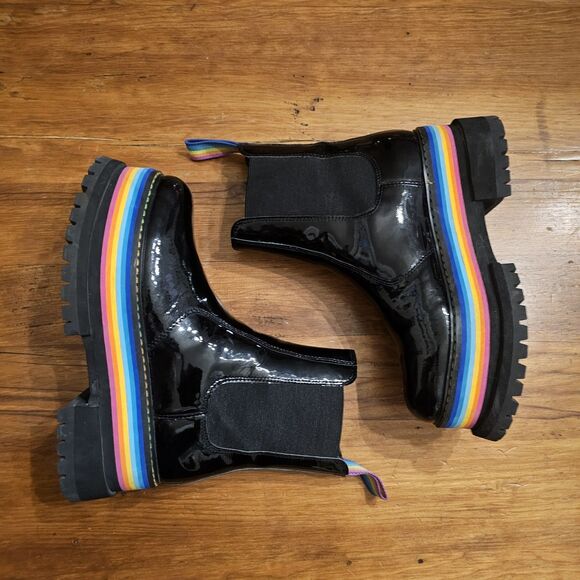 Kurt Geiger London Sz 37 Rainbow Birdie Platform Chelsea Boots Black Patent - Picture 8 of 10